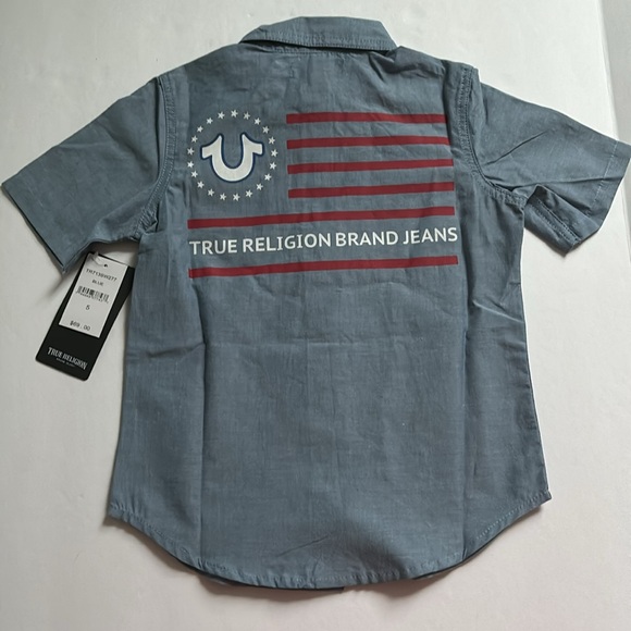 True Religion blue button shirt pocket in front flag design in back boy size 5 - Picture 2 of 7